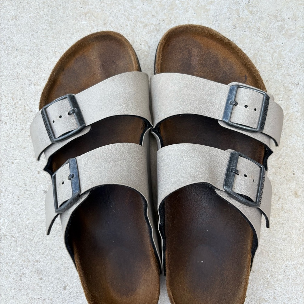 Birkenstock Arizona Beige and Gunmetal Buckles
